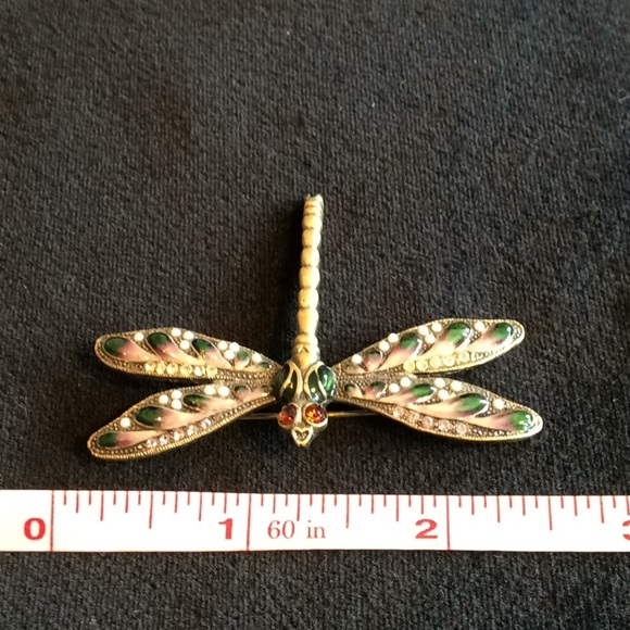 Green Enamel/Austrian Crystal Dragonfly Brooch - Picture 4 of 5